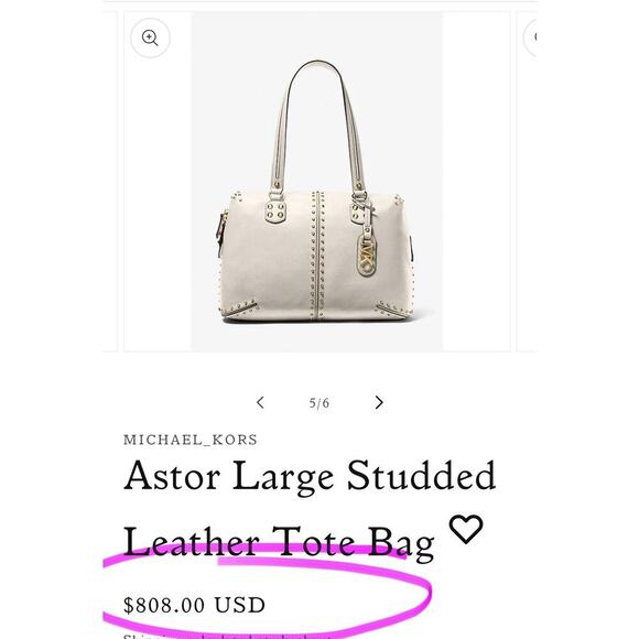 MICHAEL_KORS Light Cream Astor Large Studded Leather Tote Bag/Shoulder Purse NEW - Picture 16 of 16